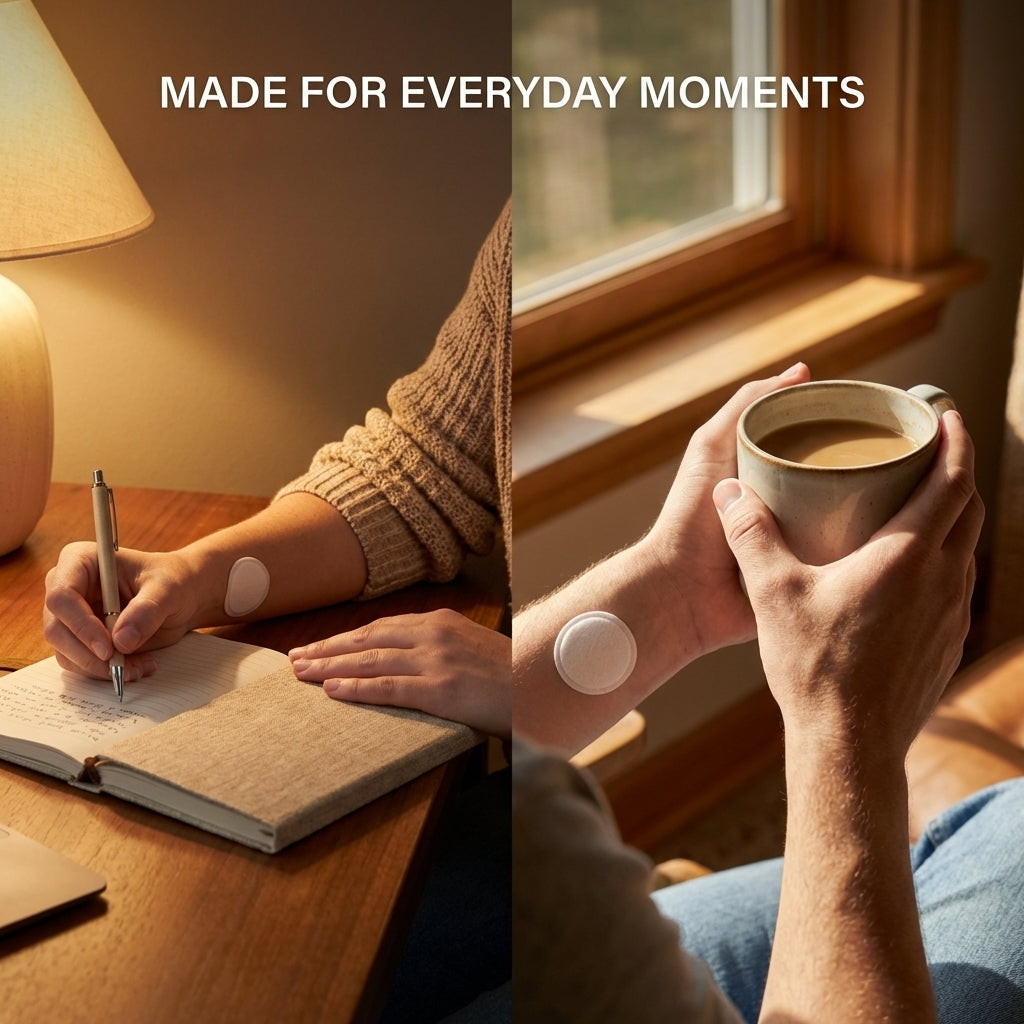 Writing and holding a mug while wearing patch