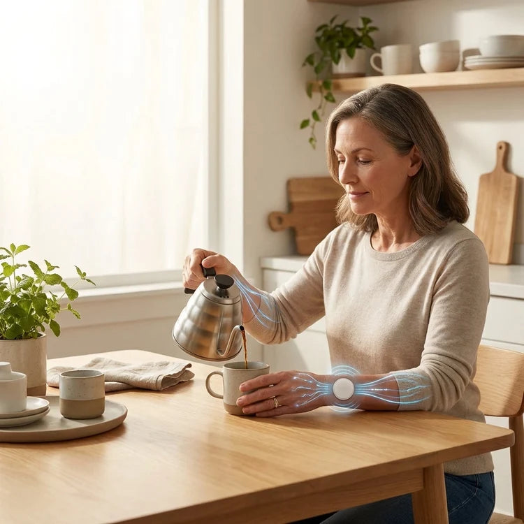 Woman pouring coffee while wearing daily support patch