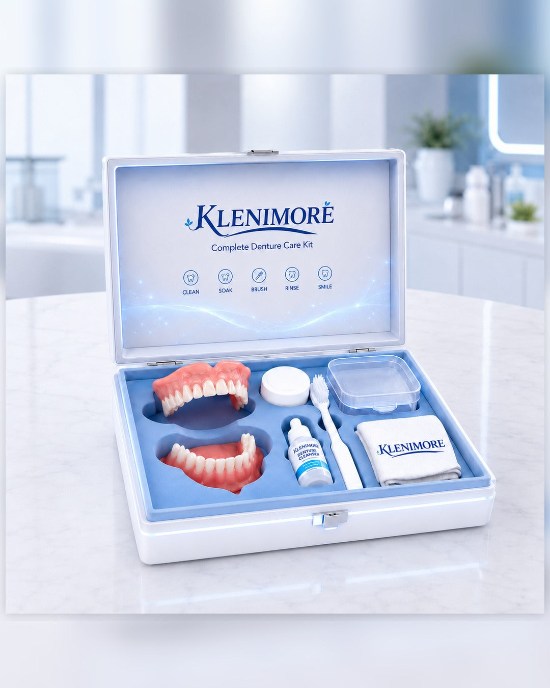 KLENIMORE upper and lower denture set displayed in a care case